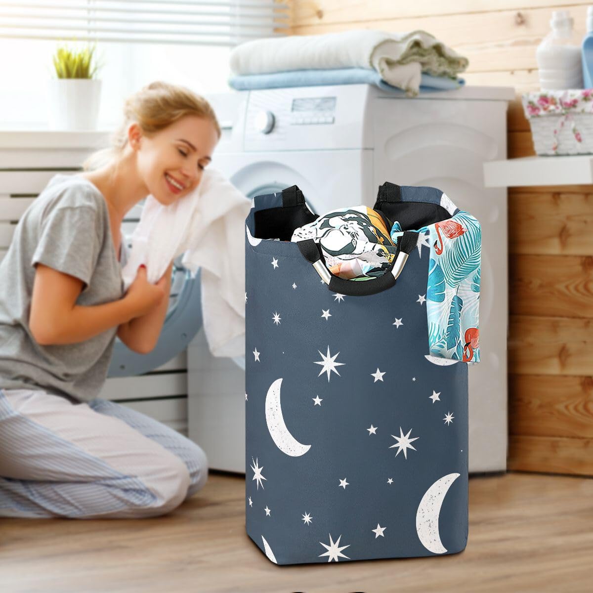 senya Cesta de almacenamiento grande plegable con diseño de estrellas y nubes, para ropa de guardería, juguetes