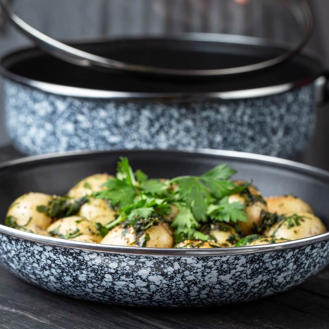 Cinsa Batería de cocina Granito Blanco con Negro 10 piezas, Peltre pesado con antiadherente, Tapas de vidrio templado. (Blanco con negro)
