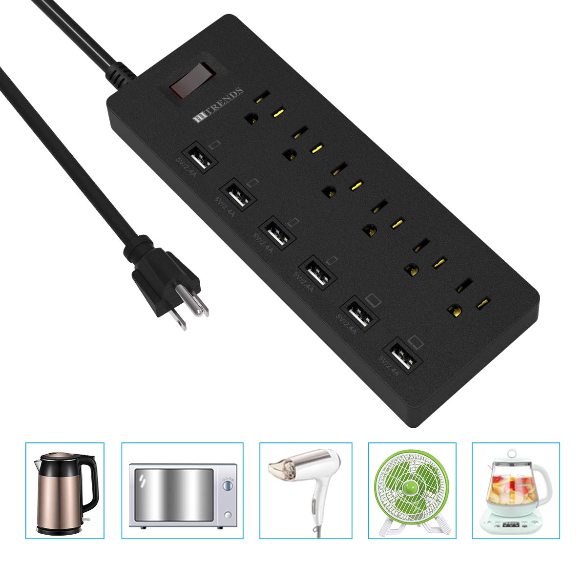 HITRENDS Protector contra sobretensiones de regleta de enchufes con 6 Salidas de CA y 6 Puertos USB 1,8 m, 1625 W/13 A multiconector para Oficina en casa, Negro