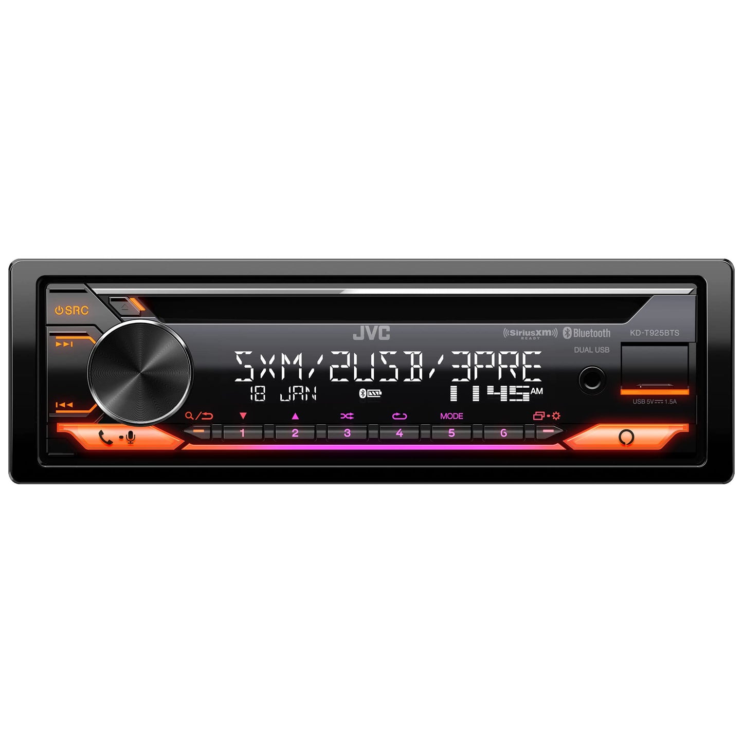 JVC KD-T925BTS Receptor estéreo Bluetooth para automóvil con puerto USB, pantalla LCD - Radio AM/FM - Reproductor MP3 - Doble DIN, ecualizador de 13 bandas (Negro)