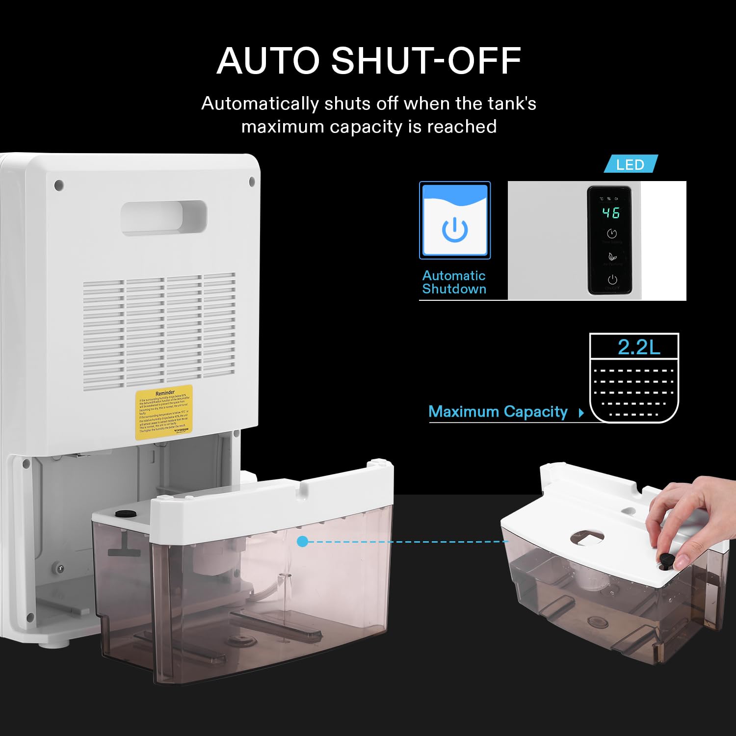 Deshumidificador Eléctrico VIVOSUN Blanco Ultra Silencioso con Temporizador y Tanque 2200 ml para Sótano o Armarios