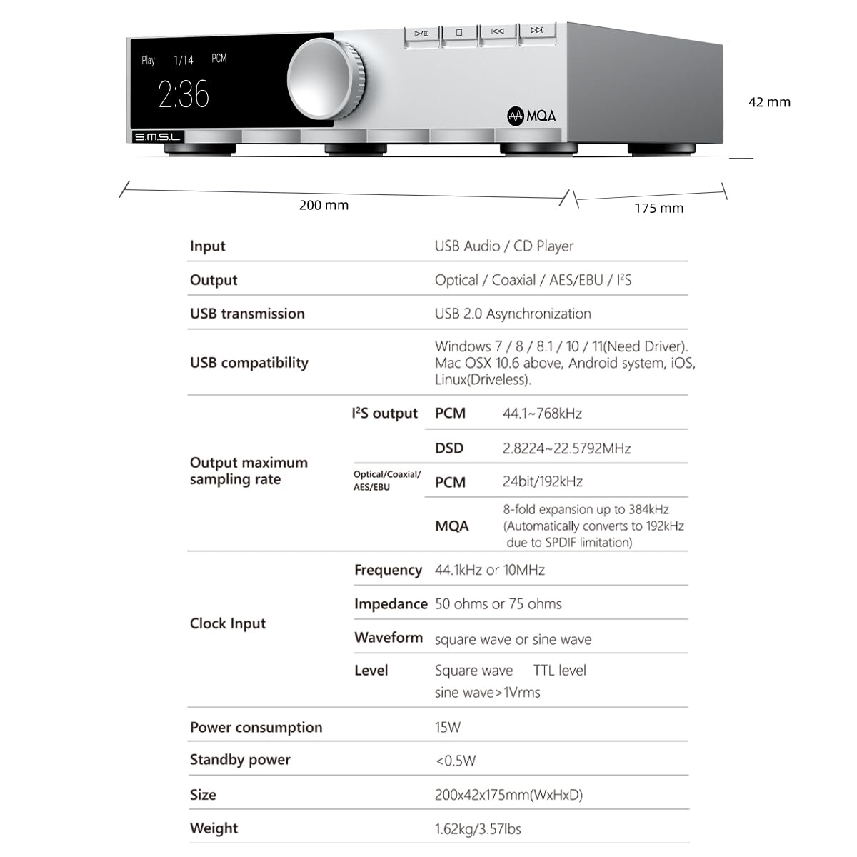 S.M.S.L PL200T MQA-CD Referencia Digital Transporte Triple Modos de Potencia, Precisión antivibración 32 bits/768 kHz DSD512 Reloj de entrada y salida 44.1 kHz/10 MHz MQA Reproductor de CD de