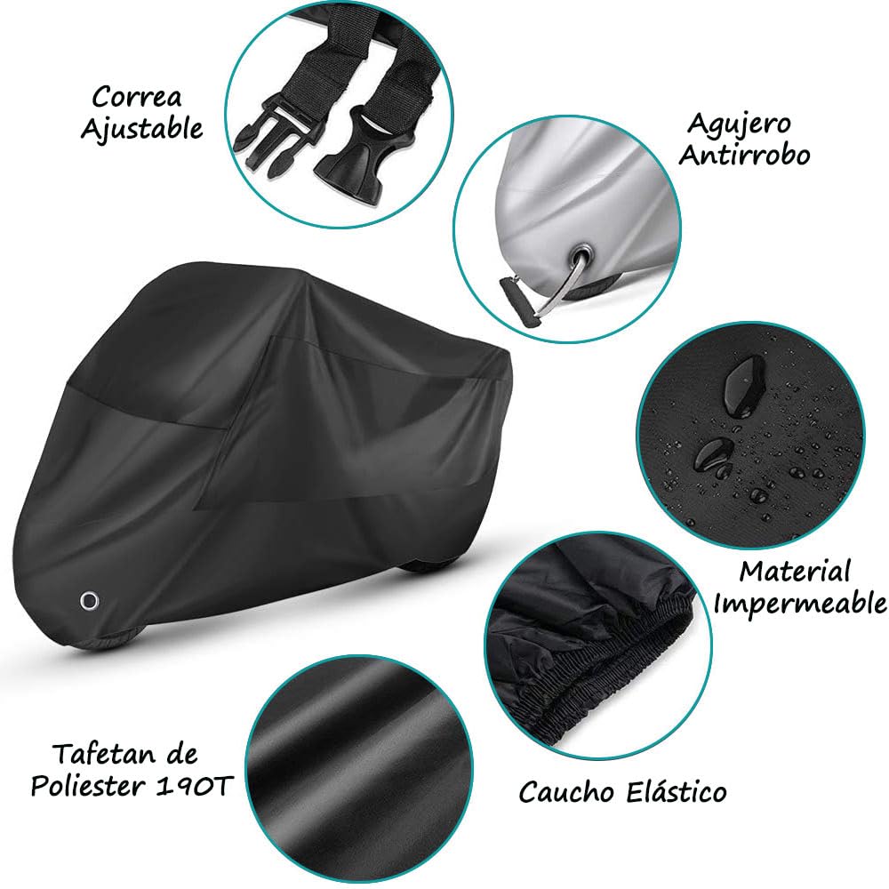 Herpet Funda para Moto Cubierta de la Motocicleta Impermeable - Tejido de Poliéster Recubierto 190T, Impermeable A Prueba de UV Agua Lluvia Polvo Viento Nieve 245 x 105 x 125 CM (2XL, Negro)