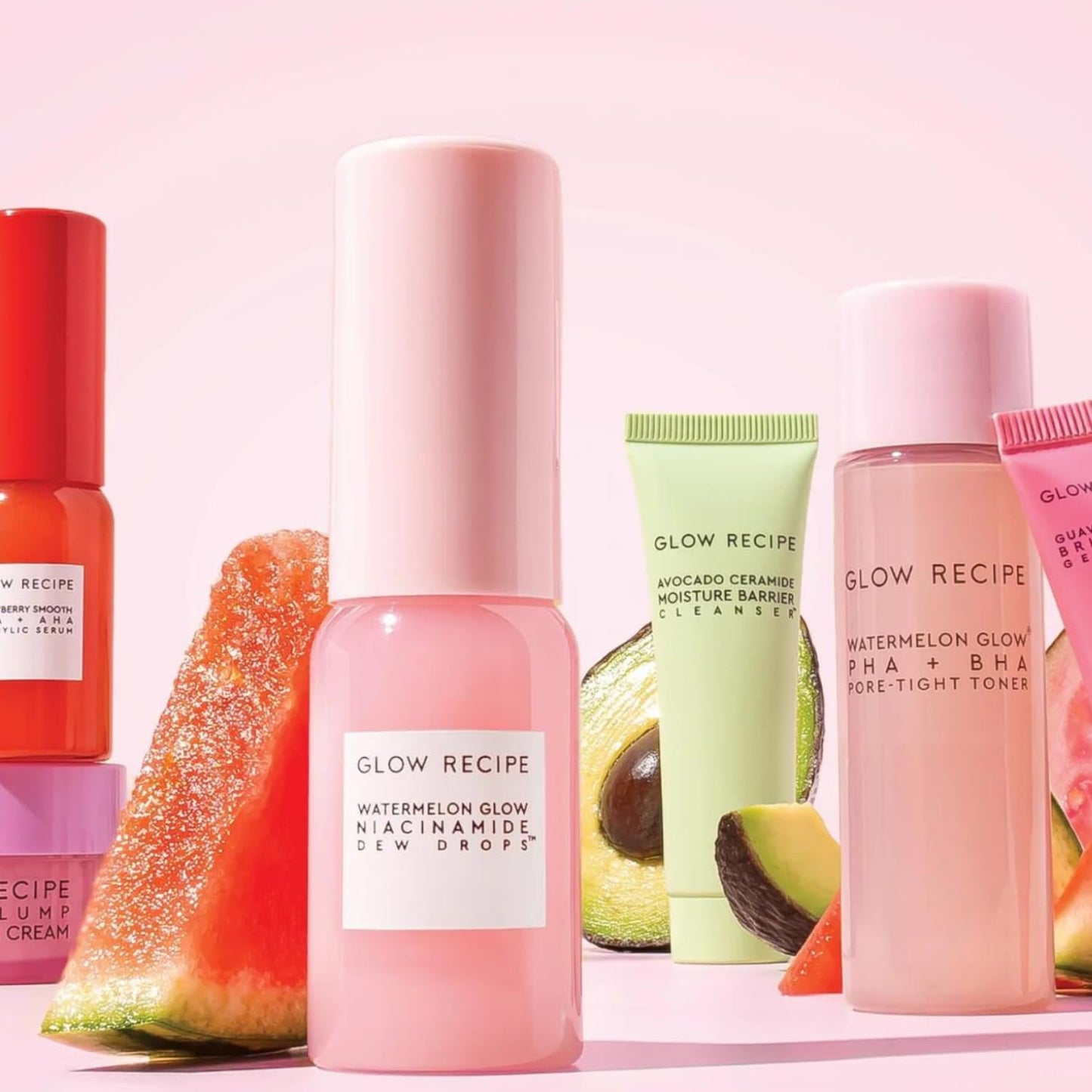 Glow Recipe Fruit Babies | Watermelon Glow Niacinamide Dew Drops 15ml, Avocado Ceramide Moisture Barrier 20ml, Watermelon Glow PHA + BHA Pore-Tight Toner 25ml, Guava Vitamin C Bright-Eye Gel Cream 3ml, Strawberry Smooth BHA + PHA Salicylic Serum 10ml, Plu