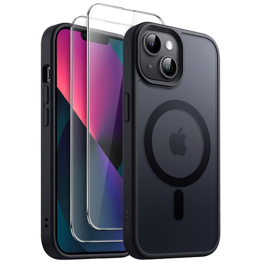 JETech 3 en 1 Funda Magnética para iPhone 13 6.1 Pulgadas con 2 Protectores Pantalla Mica Cristal Vidrio Templado, Compatible con MagSafe, Carcasa Mate Translúcida (Negro)