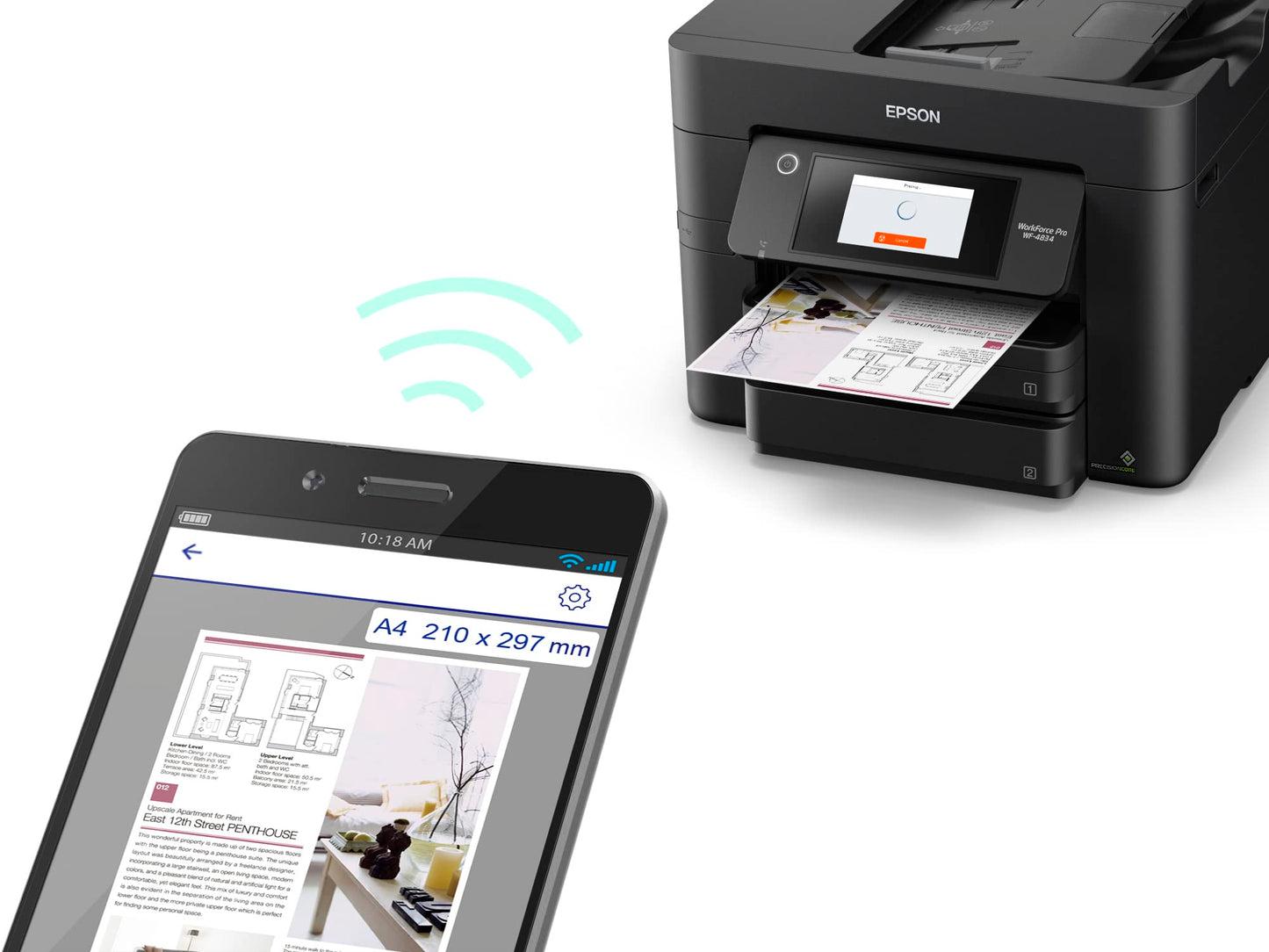 Epson Workforce Pro WF-4834 Impresora inalámbrica Todo en uno con impresión automática de 2 Caras, Copia, escaneo y fax, ADF de 50 páginas, Capacidad de Papel de 500 Hojas y visualización táctil a