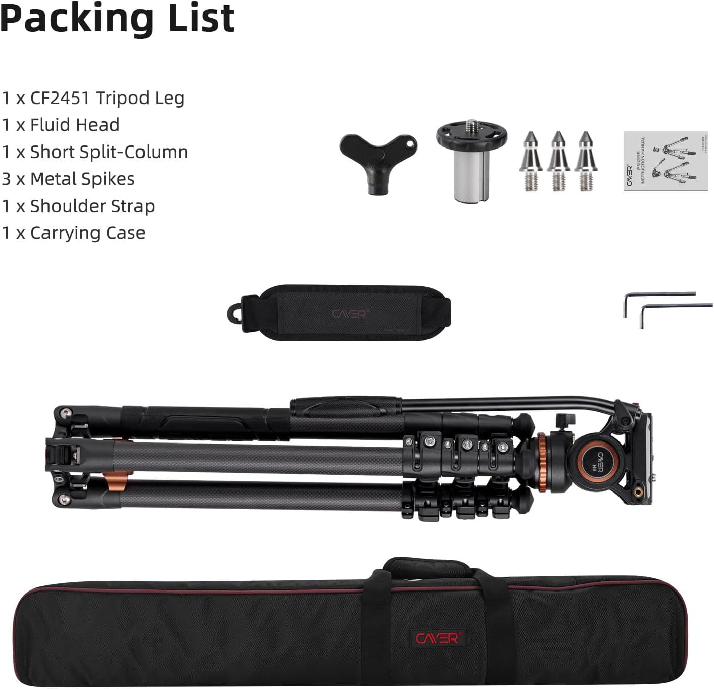 Cayer Trípodes de Cámara, Trípode de Video de Fibra de Carbono de 196 cm con Cabeza de Fluido, Trípode DSLR de Convertible a Monopié para Cámara DSLR, Capacidad de Carga de 6 kg - CF2451H6