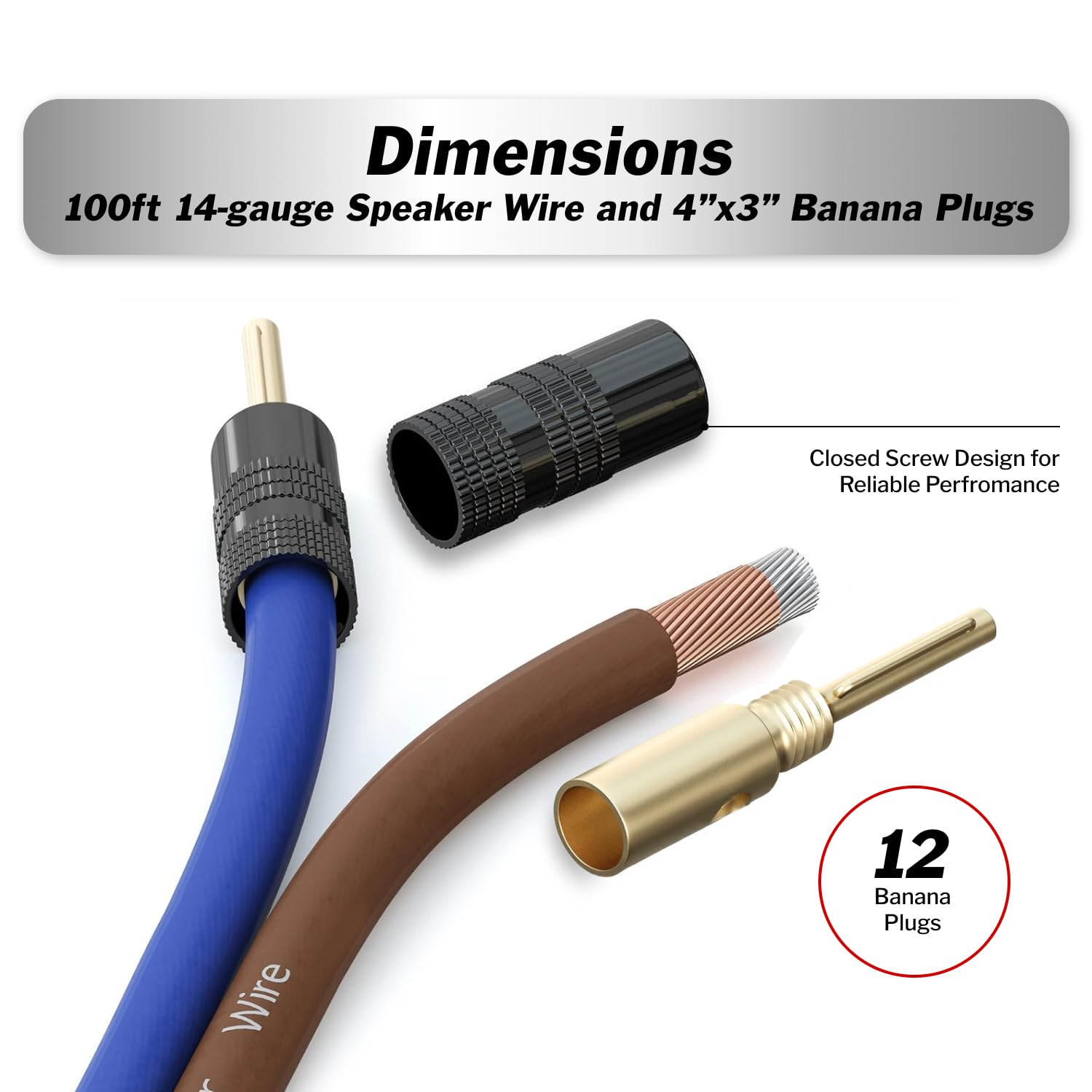 InstallGear 14 Gauge AWG 100ft Speaker Wire Cable with 12 Banana Plugs