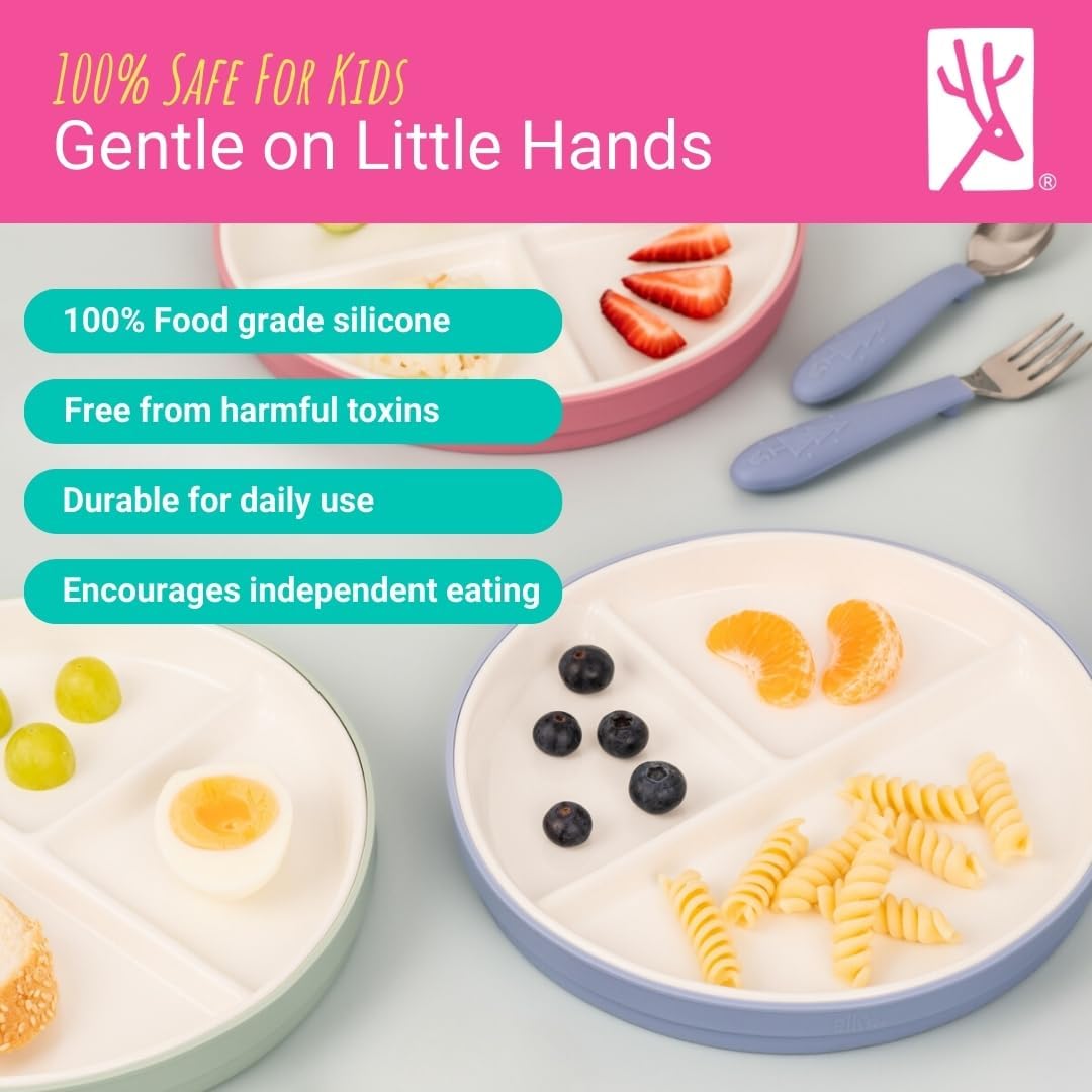 Elk and Friends - Platos blancos divididos de porcelana de 20 cm, con fundas de silicona, para bebés y niños, aptos para microondas y lavavajillas, antideslizantes, para aperitivos