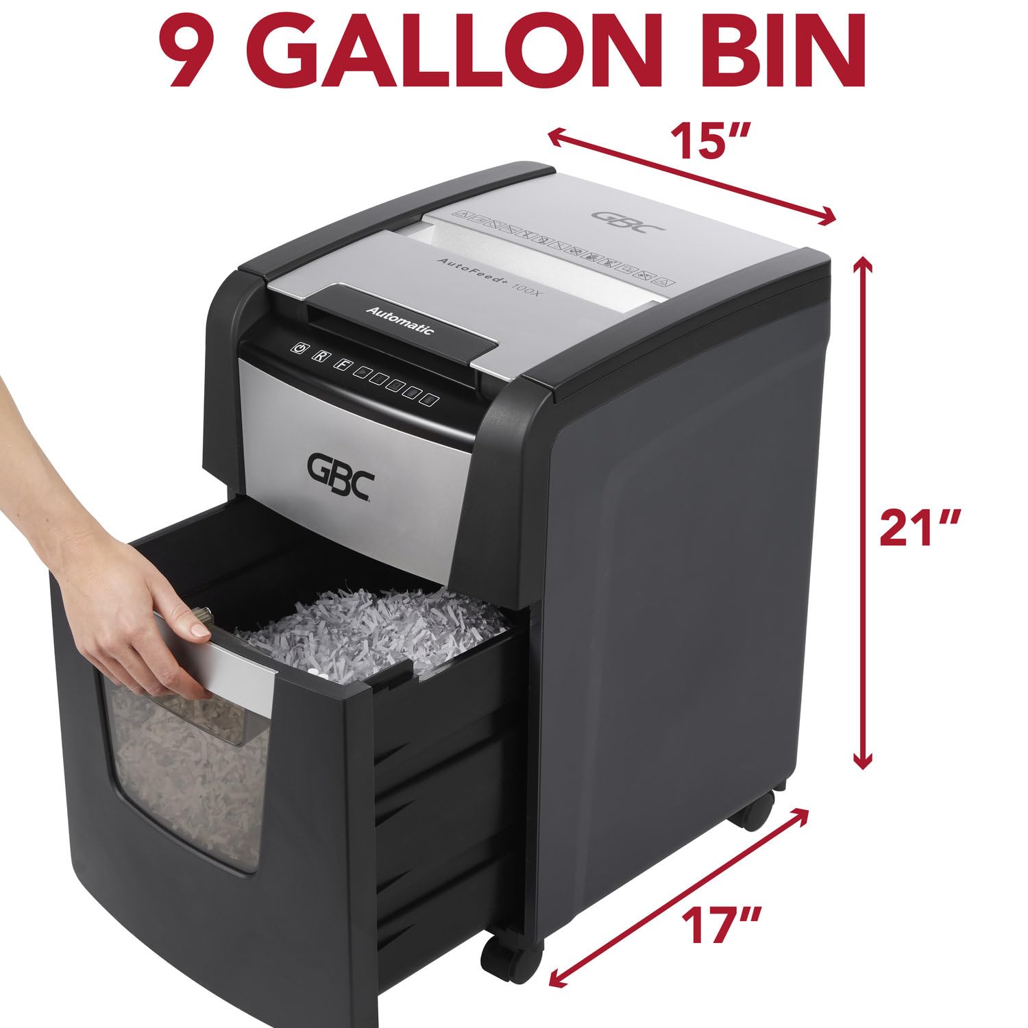 GBC Trituradora de Papel y Grapas, Auto Feed+ 100x, Corte Súper Cruzado P-4 de 100 Hojas, con Cesto de 34 litros. WSM1757602
