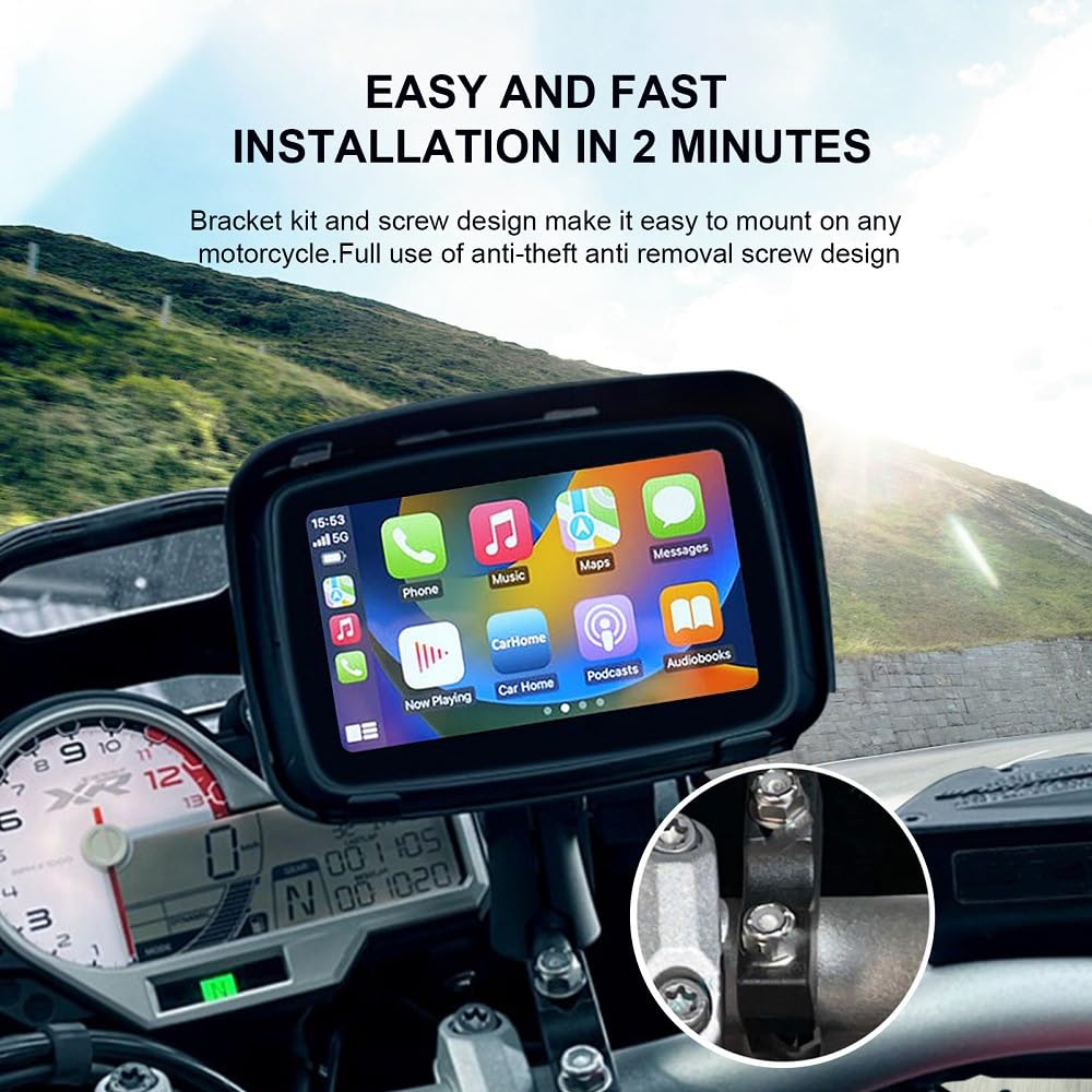Sunweyer CarPlay portátil inalámbrico Android Auto para motocicleta, pantalla táctil impermeable IPX7 de 12.7 cm (5 pulgadas), navegación GPS automática, Bluetooth dual 5G, compatible con Siri/Google