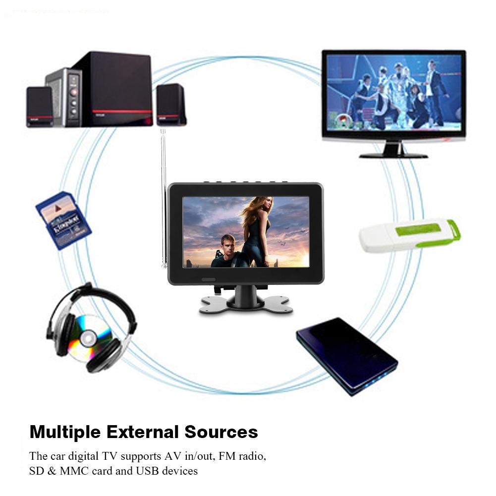 Fosa TV Digital para automóvil, televisión portátil portátil ATSC Televisor estéreo 1080P Reproductor de Video con Radio FM y Soporte de ventosas con Doble Altavoz y Control Remoto (7in)