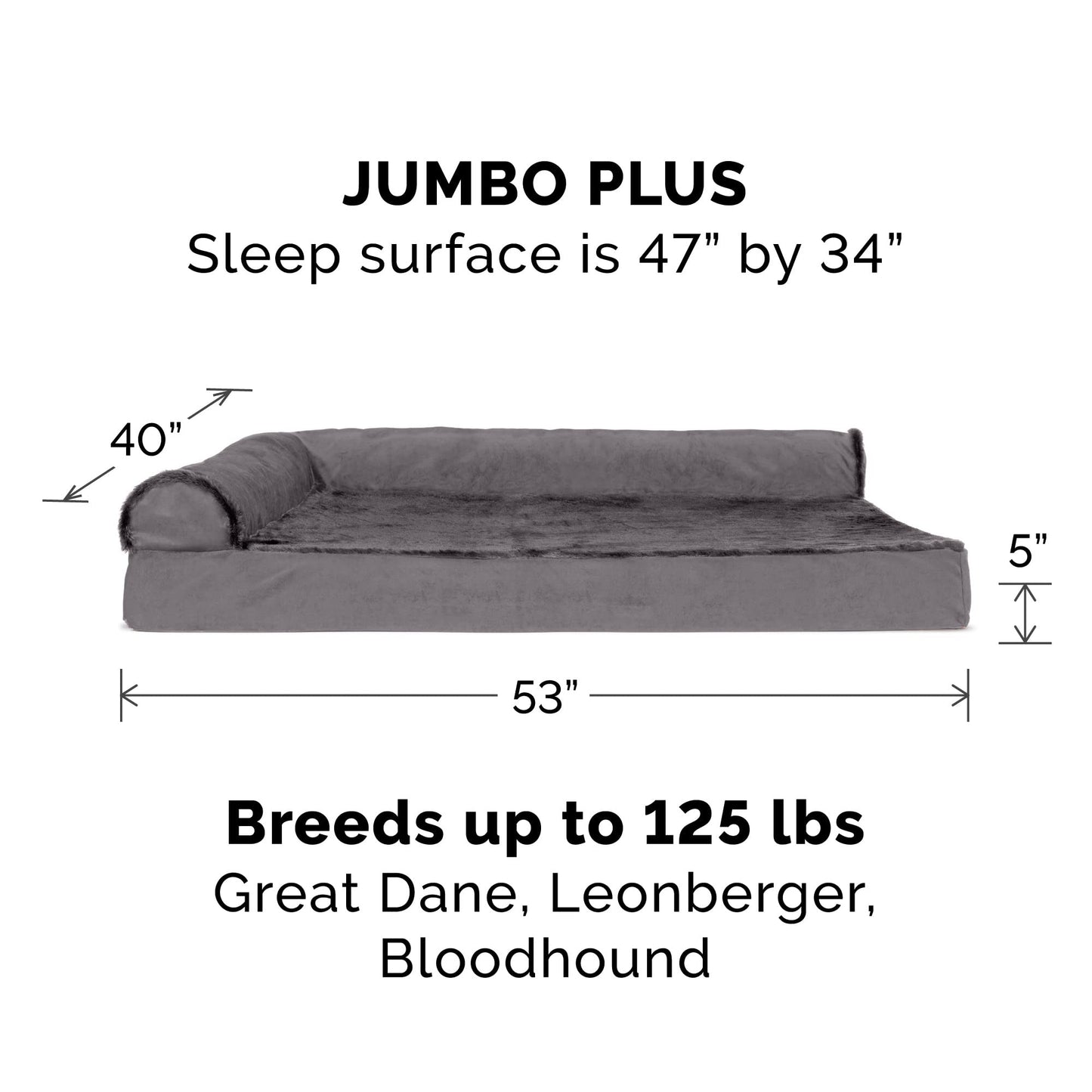 Furhaven XXL Orthopedic Dog Bed Plush & Velvet L Shaped Chaise w/Removable Washable Cover - Platinum Gray, Jumbo Plus (XX-Large)