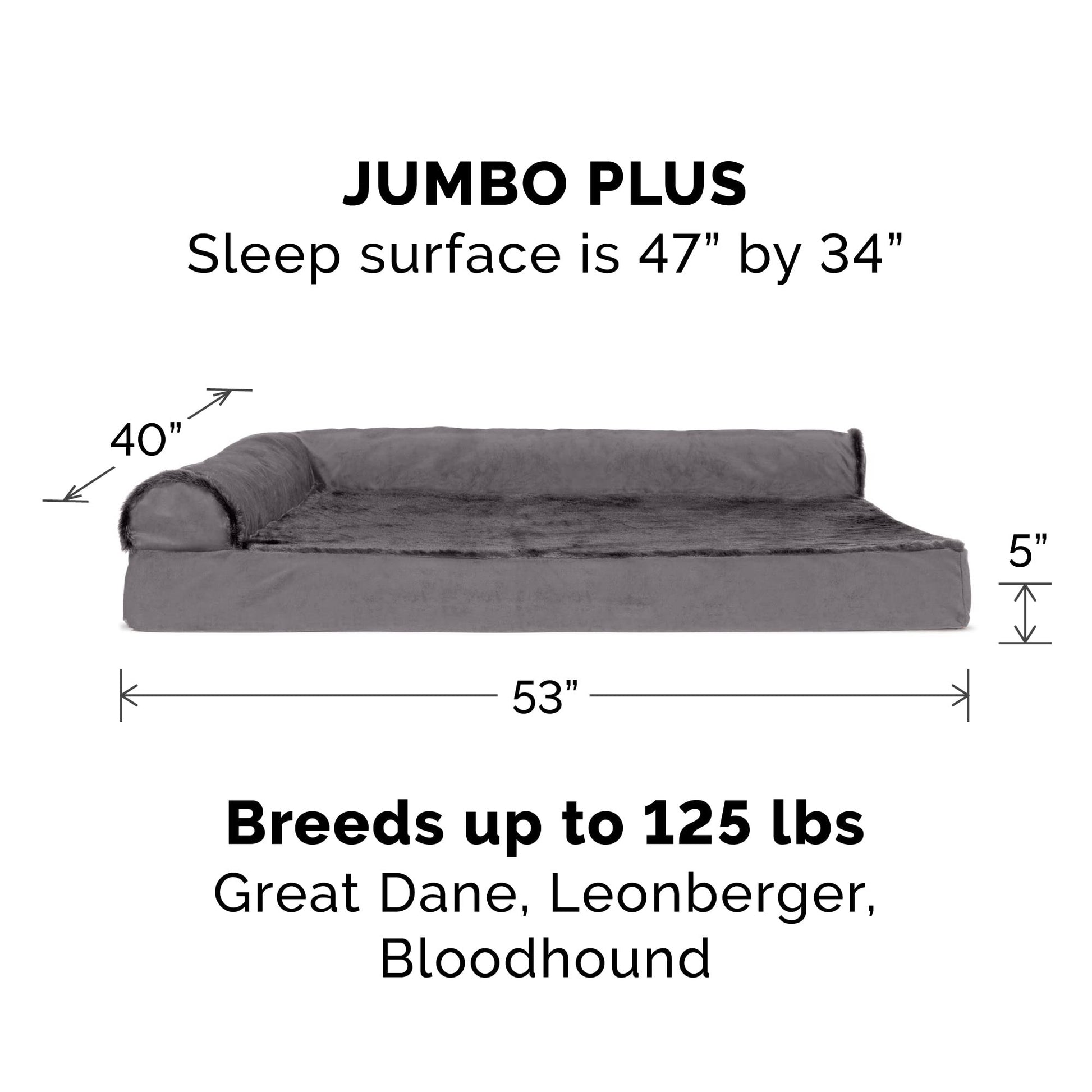 Furhaven XXL Orthopedic Dog Bed Plush & Velvet L Shaped Chaise w/Removable Washable Cover - Platinum Gray, Jumbo Plus (XX-Large)