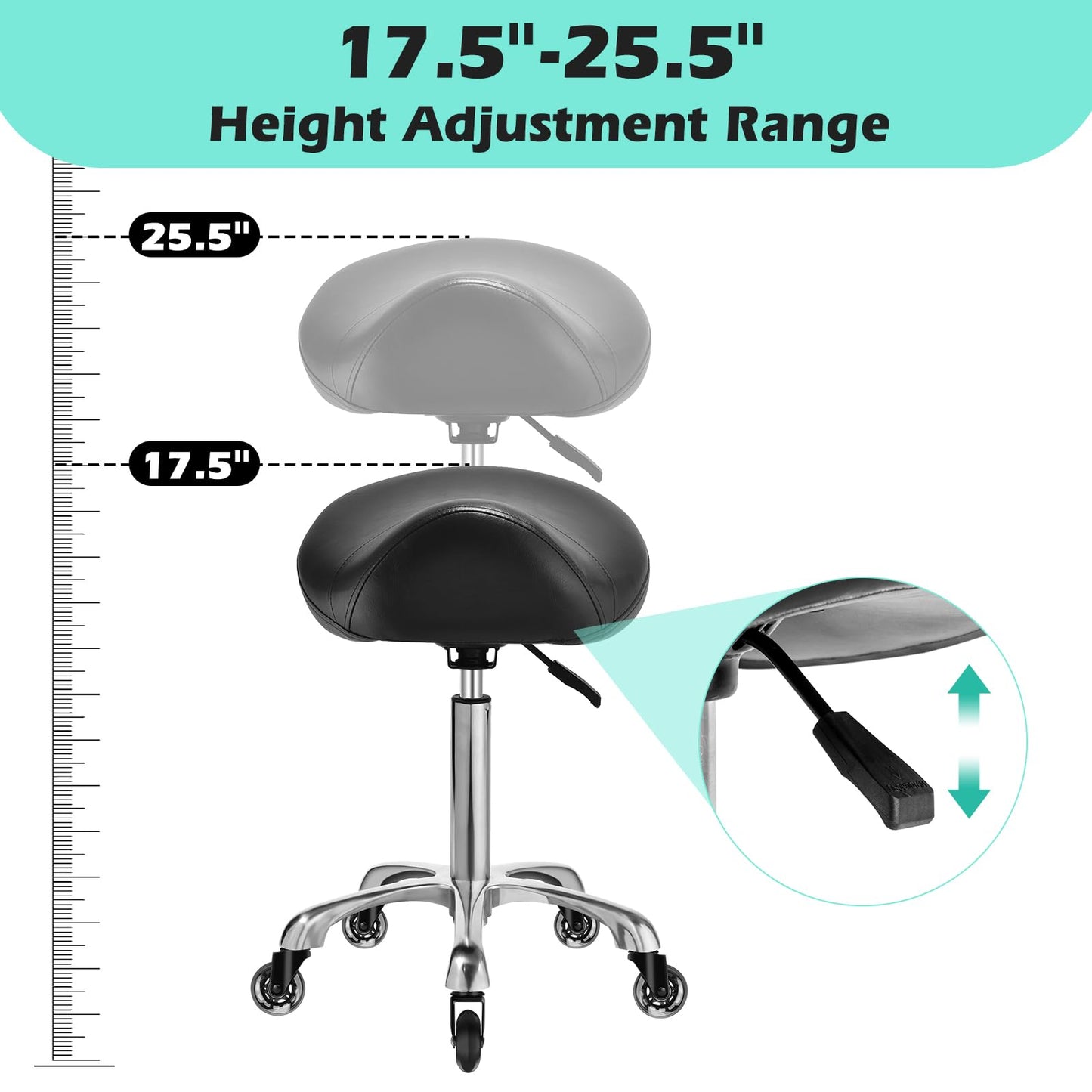 Taburete de Sillín Ergonómico con Ruedas, Cojín Grueso Mejorado, Corrección de Postura, Ajustable, Resistente 400 Libras, para Salón de Masaje y Hogar