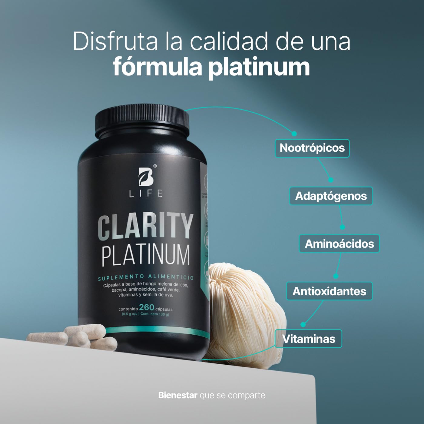 B Life Nootropico Clarity Platinum | 260 Cápsulas | Ingredientes naturales: Hongo Melena de León, Bacopa, Tirosina, Café Verde | Clarity Platinum.
