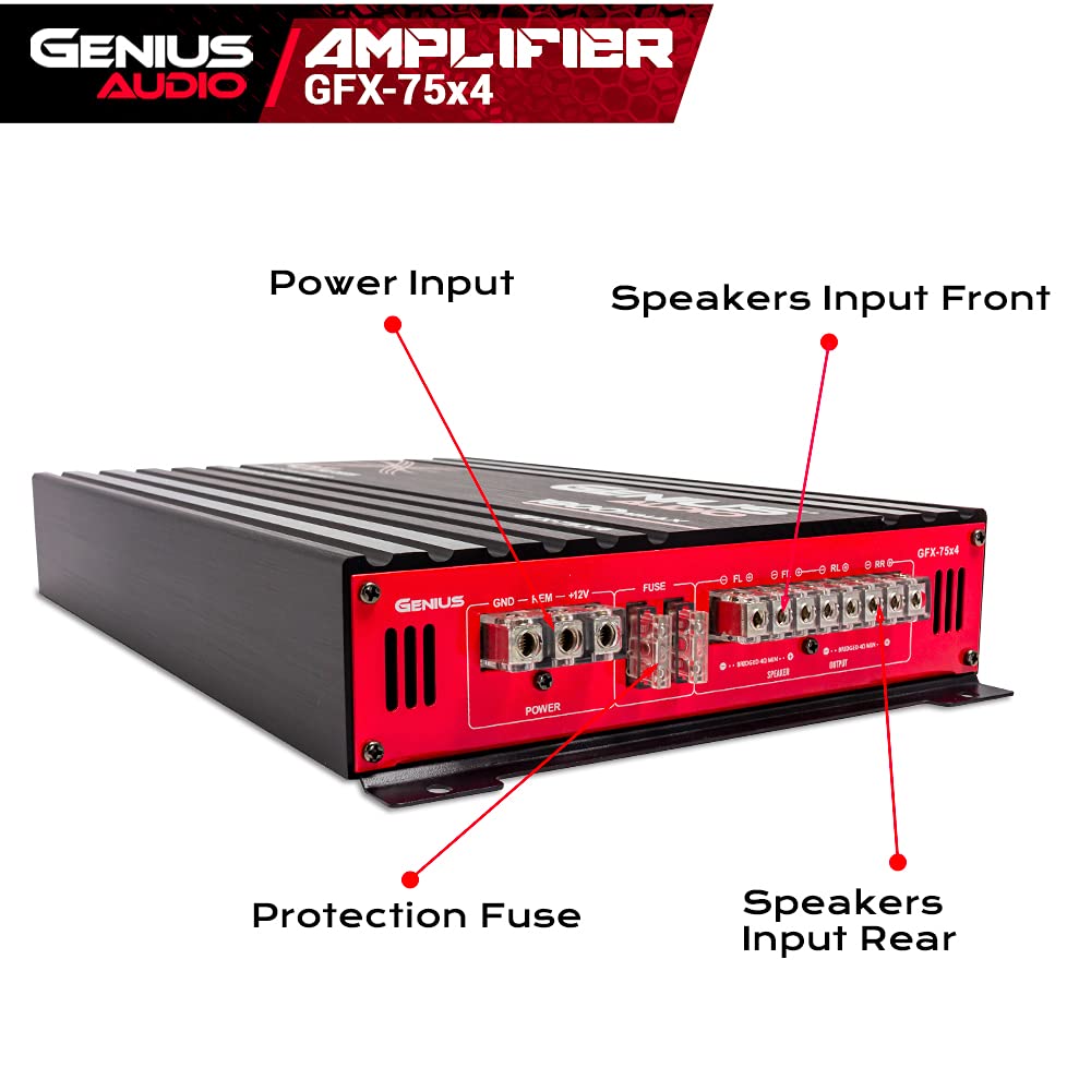 GENIUS- Amplificador de Audio Calase ab 4 Canales Fox GFX-75X4 / 1800 wmax. 75 wrms/estable a 2 ohms estereo/Car Audio, Open Show
