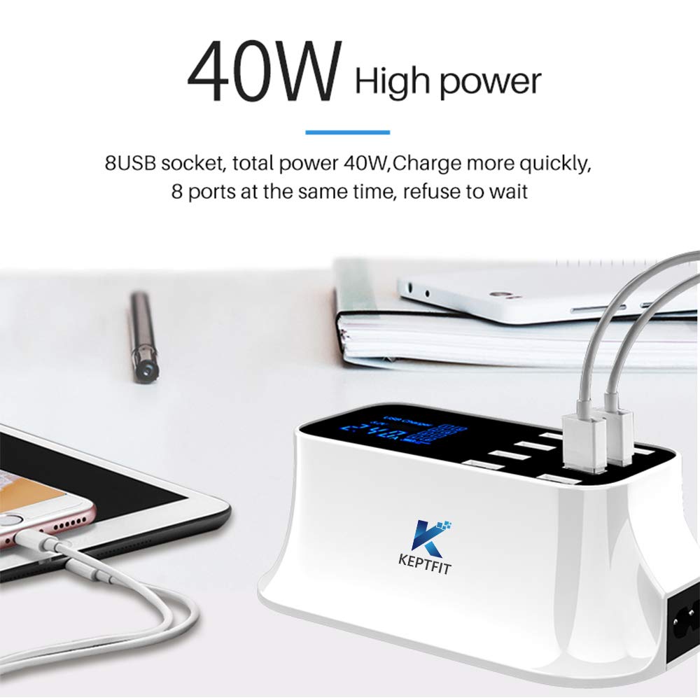 Keptfit, Cargador USB Múltiple, con 8 Puertos, Blanco