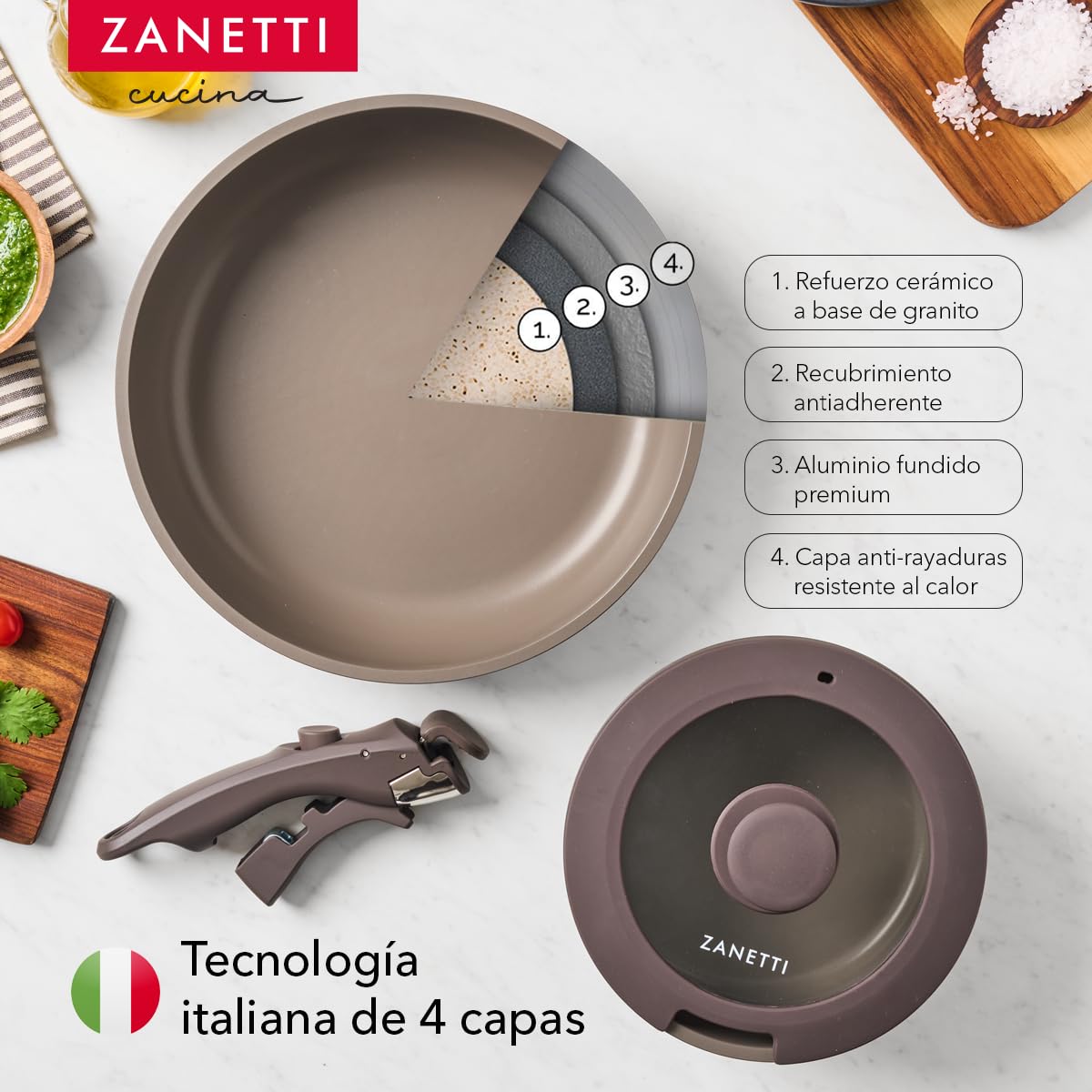 Juego de Cocina Zanetti Gris con Recubrimiento Antiadherente de Granito y Tecnología Italiana