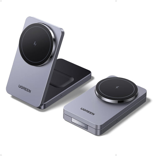 Cargador Inalámbrico UGREEN Negro MagFlow 15W 2 en 1 Plegable Compatible con MagSafe para iPhone y AirPods