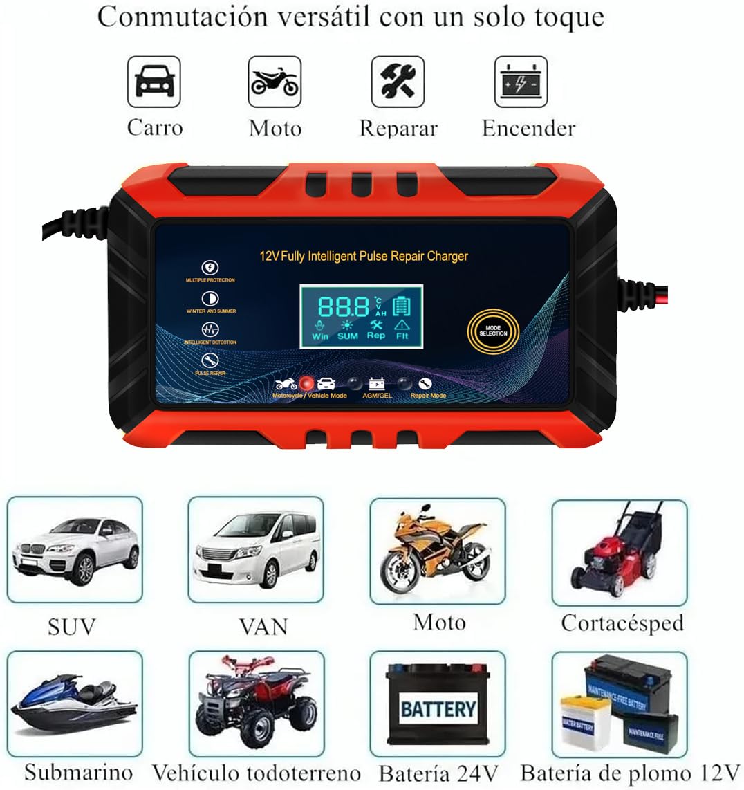 Cargador de Batería Inteligente Automático Qzgyoool 12V 6A con Múltiples Protecciones para Automóviles, Motocicletas, ATVs y Barcos