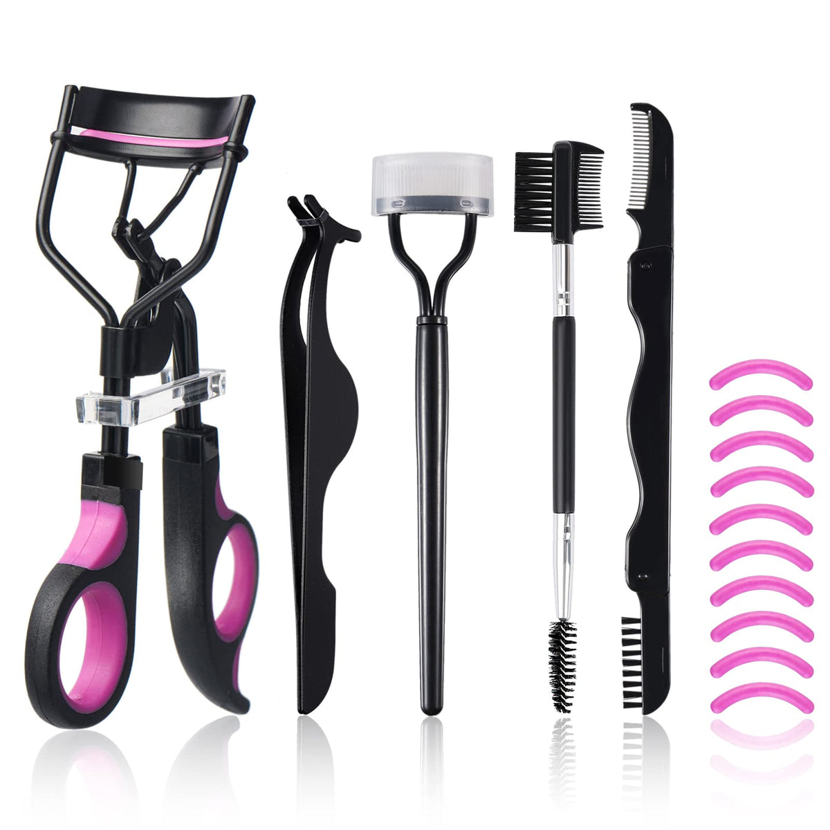 Kit de rizadores de pestañas para mujer con rizador de pestañas, separador de peine de pestañas, cepillos de máscara 3 en 1, pinzas de extensión de pestañas, cepillo de cejas plegable y peine, 6 almohadillas de repuesto de silicona para pestañas naturales