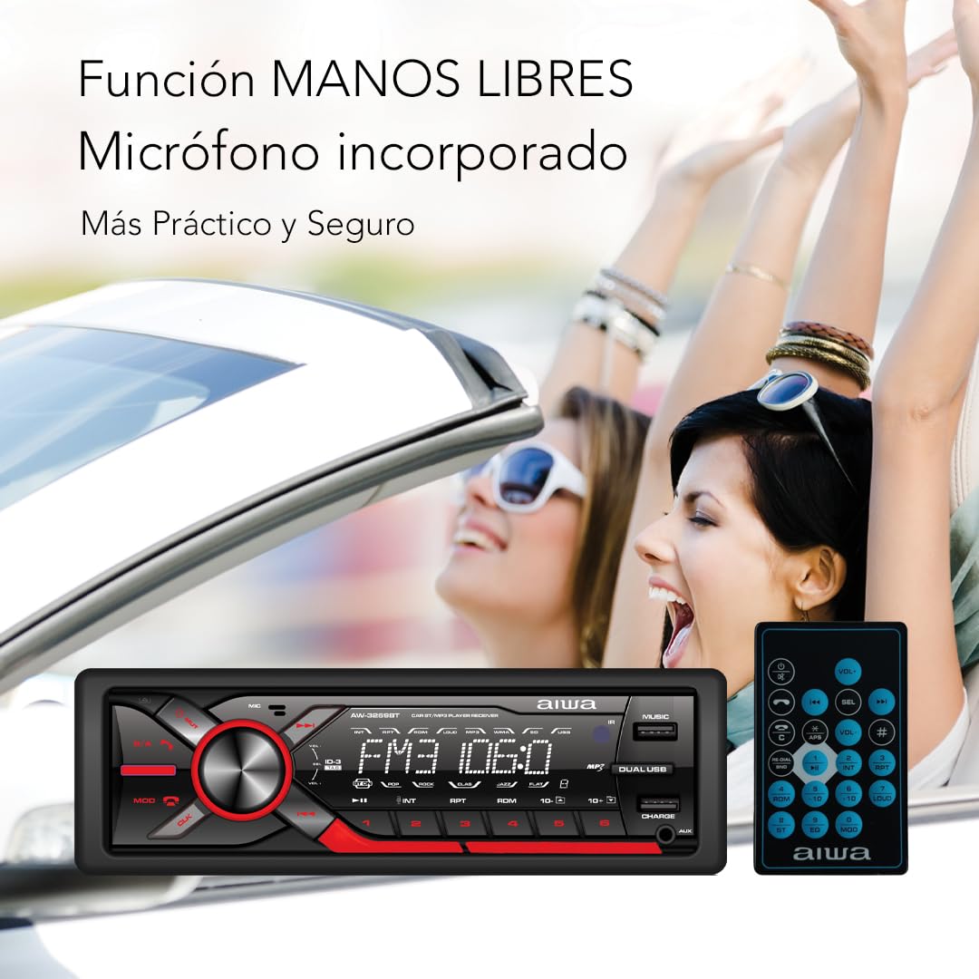 Aiwa Autoestéreo AW-3269BT Bluetooth USB SD AUX 4×50W Potencia 200W Iluminación 7 Colores Panel Desmontable Ecualizador MP3 Radio Am/FM Manos Libres Negro