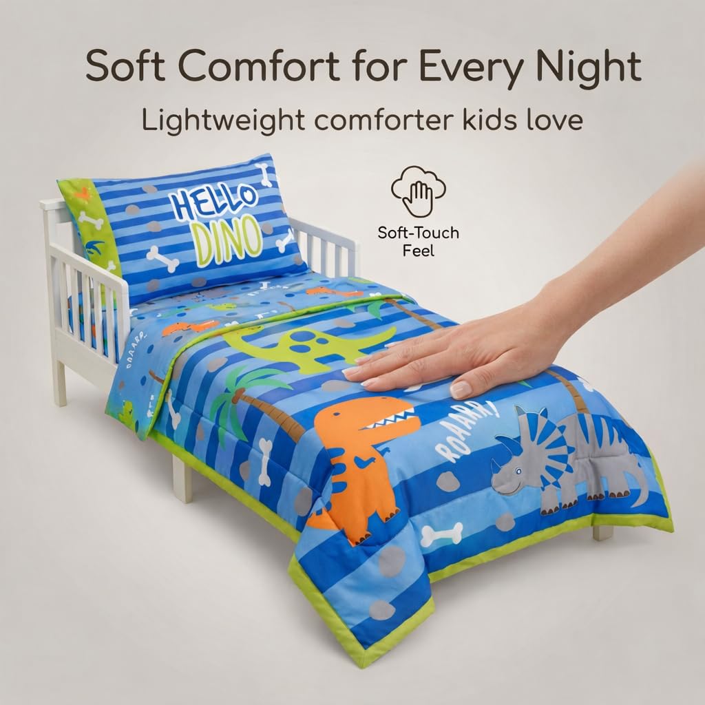 EVERYDAY KIDS - Juego de ropa de cama de 4 piezas para niños pequeños – Dinosaurios rugientes – Incluye edredón, sábana encimera, sábana bajera ajustable y funda de almohada reversible – Ropa de cama