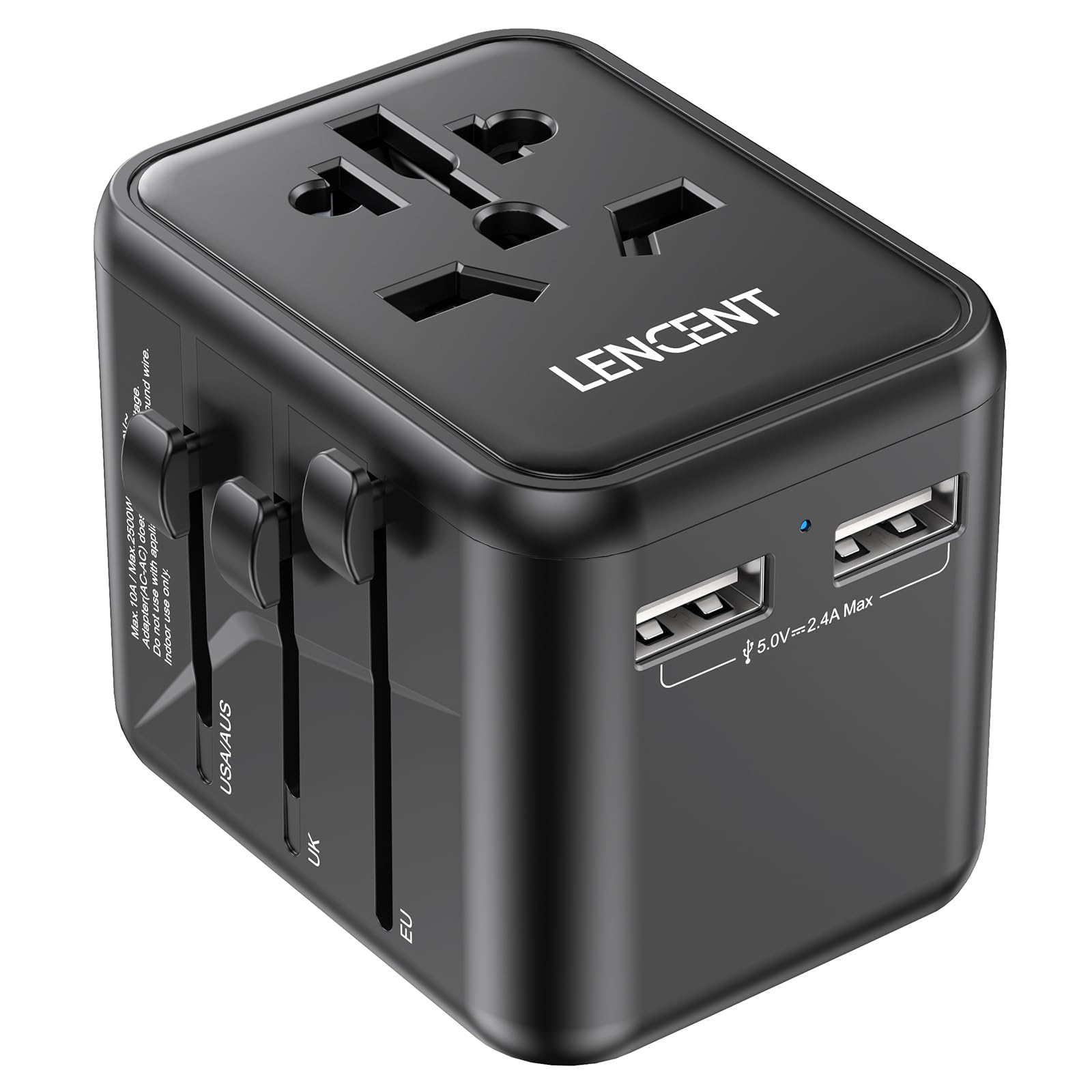 LENCENT Adaptador Enchufe Universal, Enchufe Internacional con 2 Puertos USB, Cargador de Viaje para Europa, Americano, Canadá, Reino Unido, Australia, Adaptador Viaje para Más de 200 Países, Negro