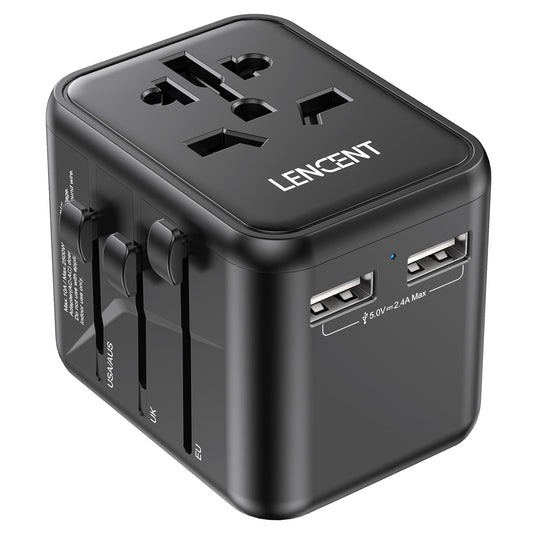 LENCENT Adaptador Enchufe Universal, Enchufe Internacional con 2 Puertos USB, Cargador de Viaje para Europa, Americano, Canadá, Reino Unido, Australia, Adaptador Viaje para Más de 200 Países, Negro