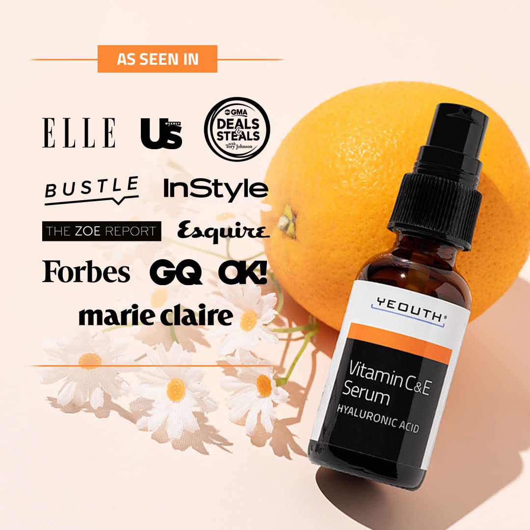 YEOUTH Suero Facial de Vitamina C con Ácido Hialurónico y Vitamina E, Vegano, Suero Antimanchas y Antiarrugas para el Rostro, Apto para Dermaroller, Combo con Hidratante Crema Solar Facial 30ml