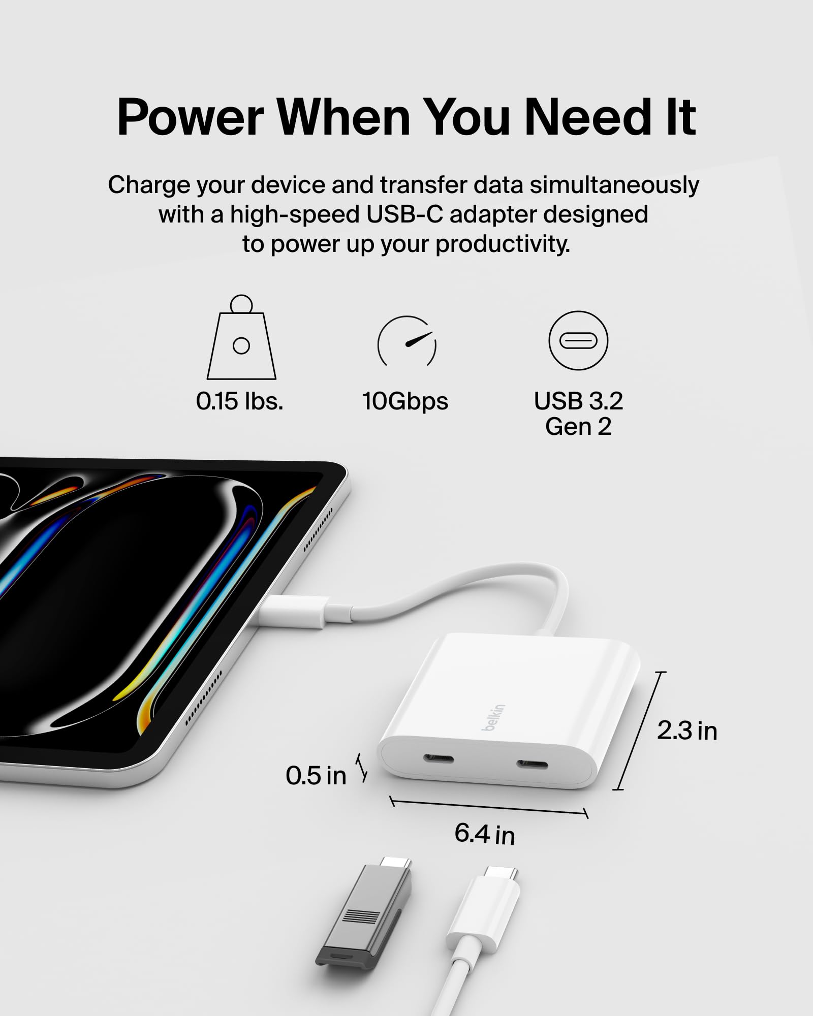 Belkin Connect USB-C Power & Data Splitter, concentrador de Doble Puerto con 1 Puerto USB-C 3.2 Gen2 y 1 Puerto PD de 100 W para Carga simultánea y Transferencia de Datos para iPhone, iPad, Nintendo