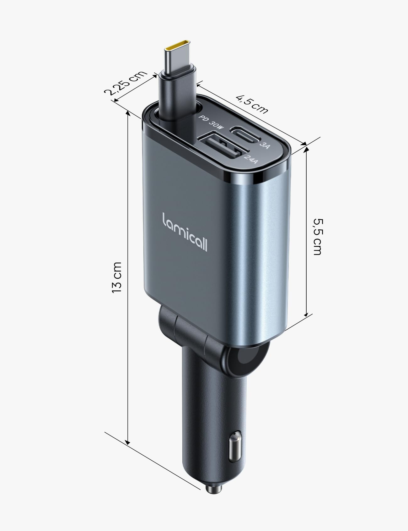 Lamicall 3 in 1 Retráctil Cargador para Auto -【Super Compacto】 57W Cargador para Carro Carga Rápida with Cable Tipo C/USB C/USB A, 12V/24V Socket for iPhone 16/15/14/13, Galaxy S25/S24 Ultra, Android