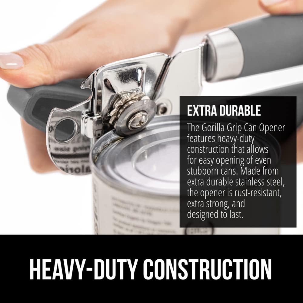 Gorilla Grip Abrelatas manual de mano de acero inoxidable resistente con borde liso con mango suave al tacto, a prueba de óxido, perilla de mano fácil giro, el mejor abridor de tapa grande para cocina, gris