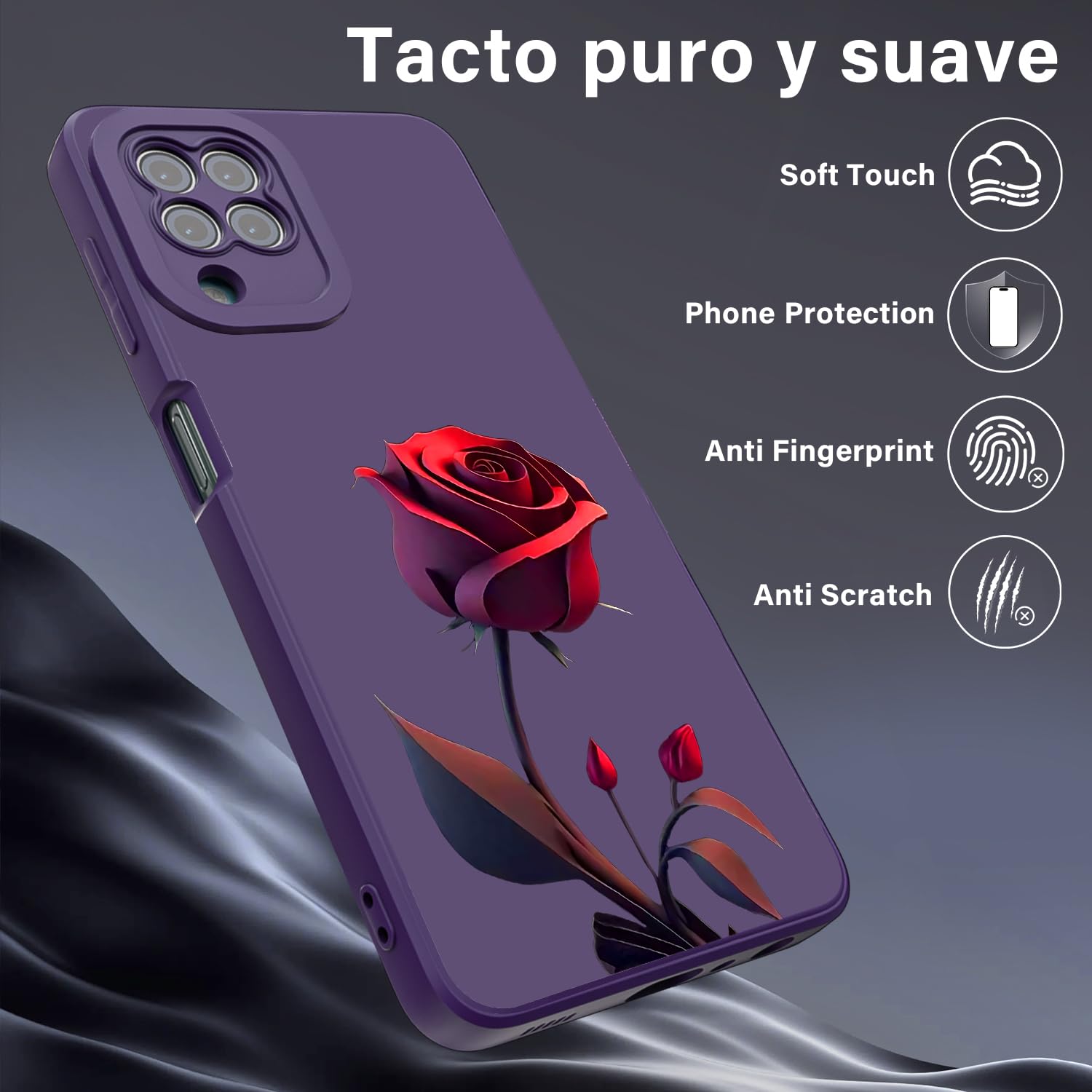 Threehao Funda para Samsung Galaxy A22 4G Case Uso Rudo, Ultra Delgado Flexible Silicona Púrpura Carcasa con Aesthetic Dibujos Flores, Antigolpes Anti-arañazos Protectora