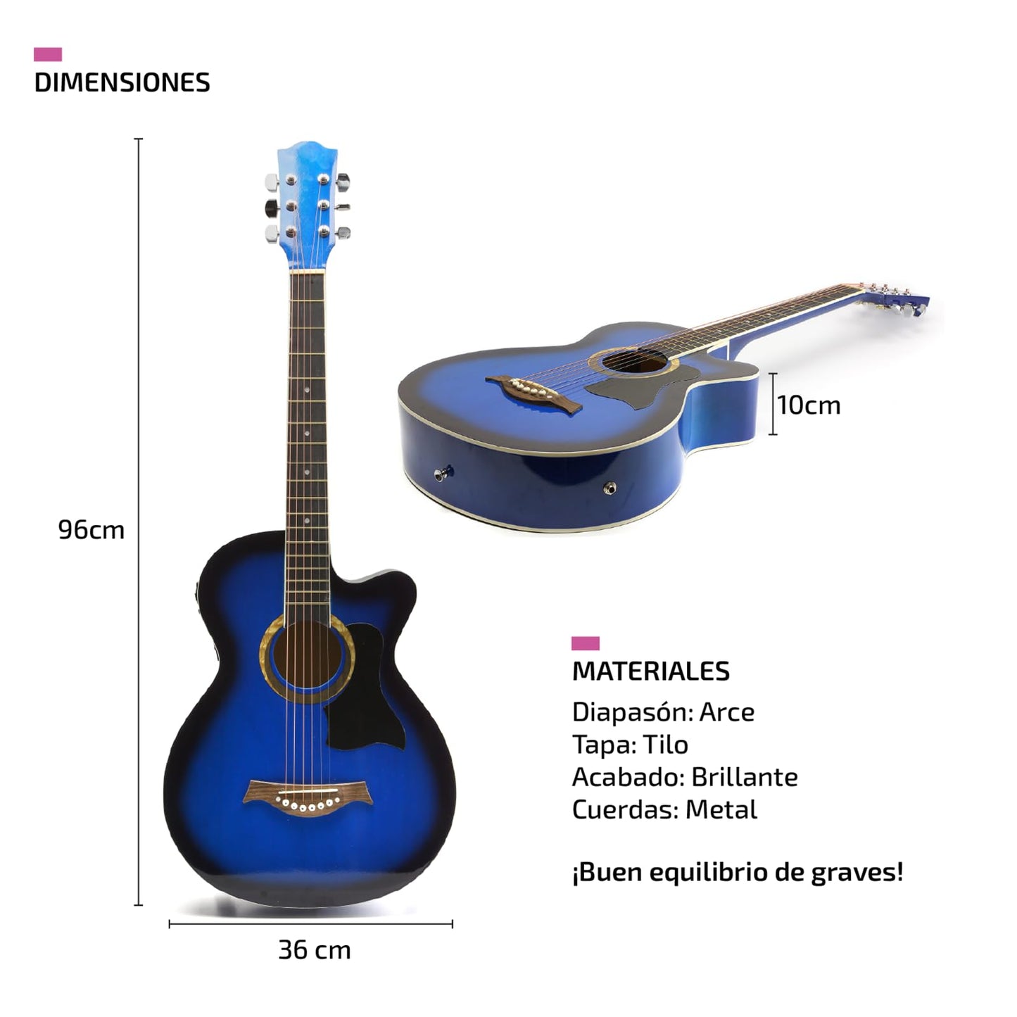 FEMMTO Guitarra Electroacústica con Bolso + Cinta + Púas + Cuerdas extras (Azul)