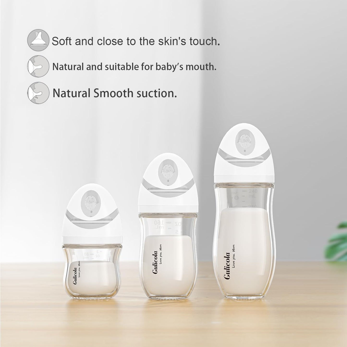 Gulicola - Biberón de vidrio natural de 8 onzas para bebés lactantes, juego de biberones anticólicos con pezón de flujo medio, 3 meses +, paquete de 4 - rosa