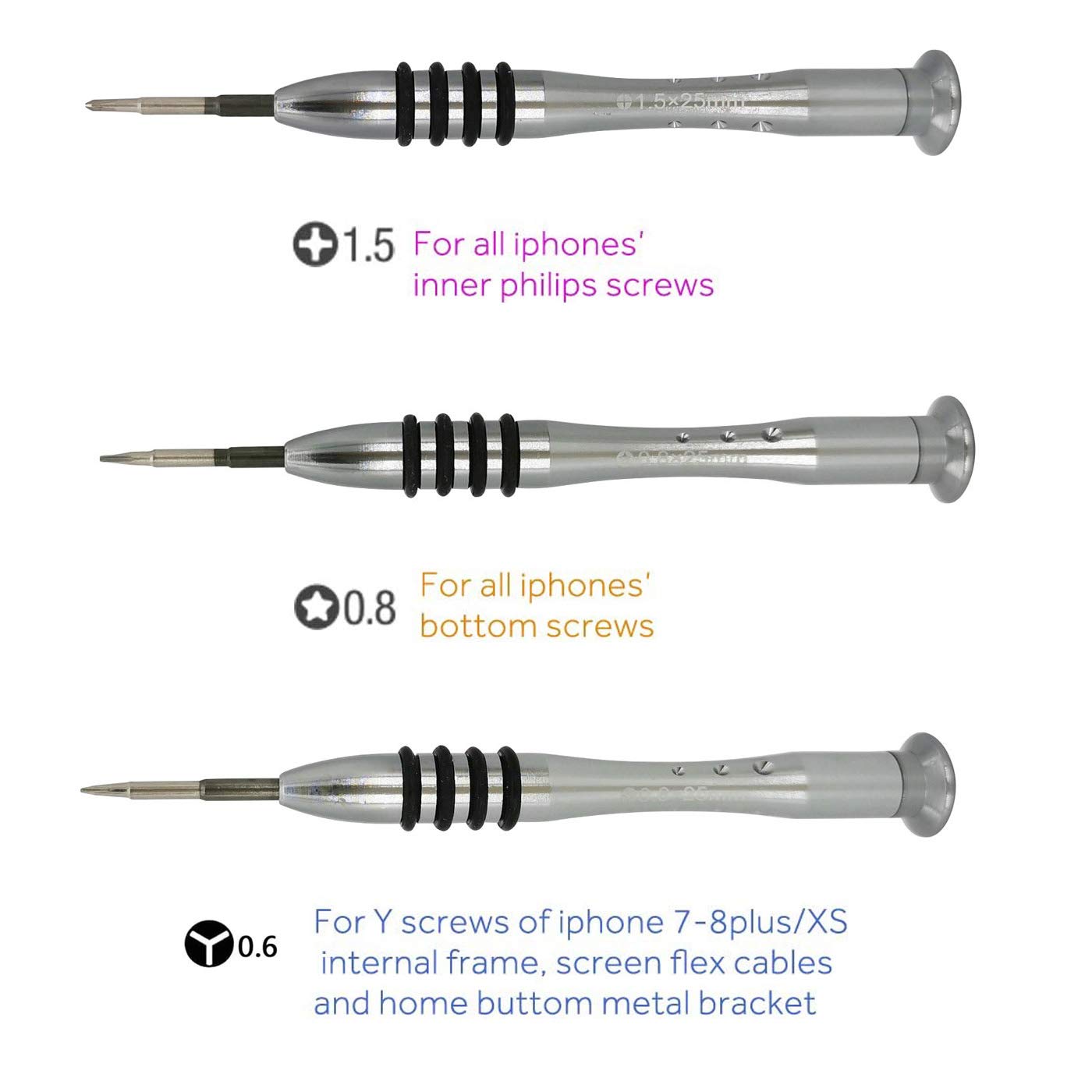 Kit de herramientas de reparación de destornilladores para iPhone, PH000 Phillips, 0.8 mm Star P2 Pentalobe, Y0.6 Tri-Point Y000 Tri-Wing Destornillador para Apple iPhone X/8/8 Plus, 7/7Plus, 6P/6S/6/5S/5/5C/4S/4/SE, iPod, iTouch