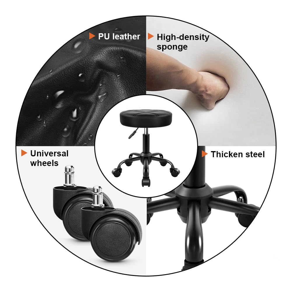 KKTONER - Taburete rodante de piel sintética con altura ajustable y silla de ruedas, para salón, spa, dibujo pequeño (negro)