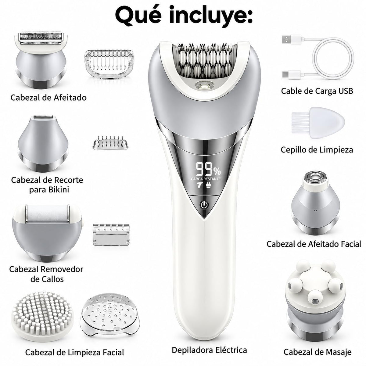 Depiladora Electrica Mujer 7 en 1, Maquina Depiladora con Pantalla Digital, Recargable USB, IPX6 Impermeable Portátil, Afeitadora Femenin sin Dolor, para el Vello Facial, Piernas, Axilas y Bikini