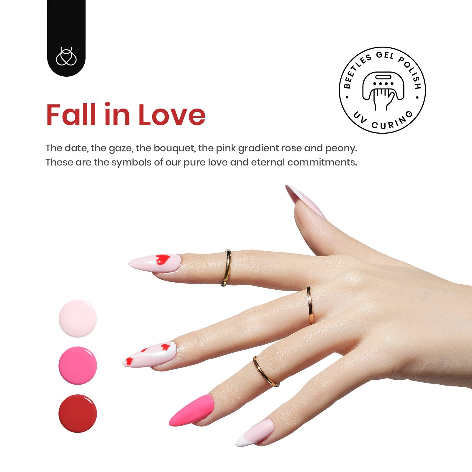 Beetles Juego de esmaltes de uñas de gel, 6 colores, rosa, rojo, kit de uñas de gel, colección Fall in Love, gel rosa con purpurina, lámpara de uñas LED ultravioleta, kit de manicura, regalos para mujeres