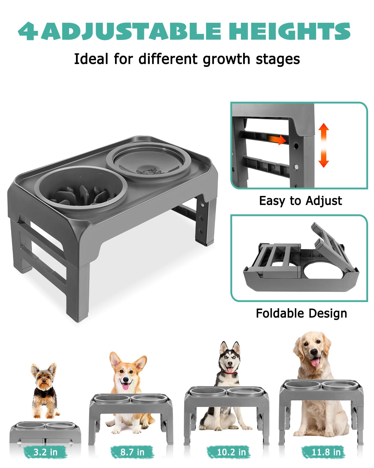 Cuencos elevados para perros, soporte elevado para cuencos para perros con alimentador lento y tazón de agua sin derrames, 4 alturas ajustables para perros grandes, medianos y pequeños (gris)