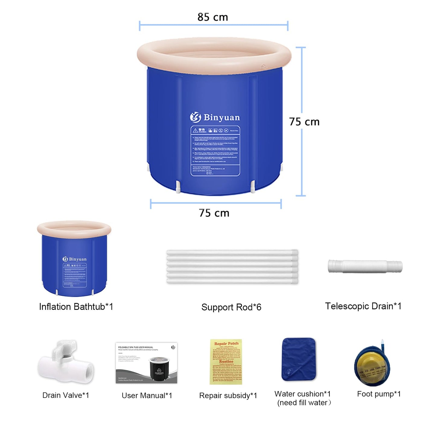 Bañera Inflable Plegable Hidroterapia Plástico Azul Espacio Pequeño para Adultos