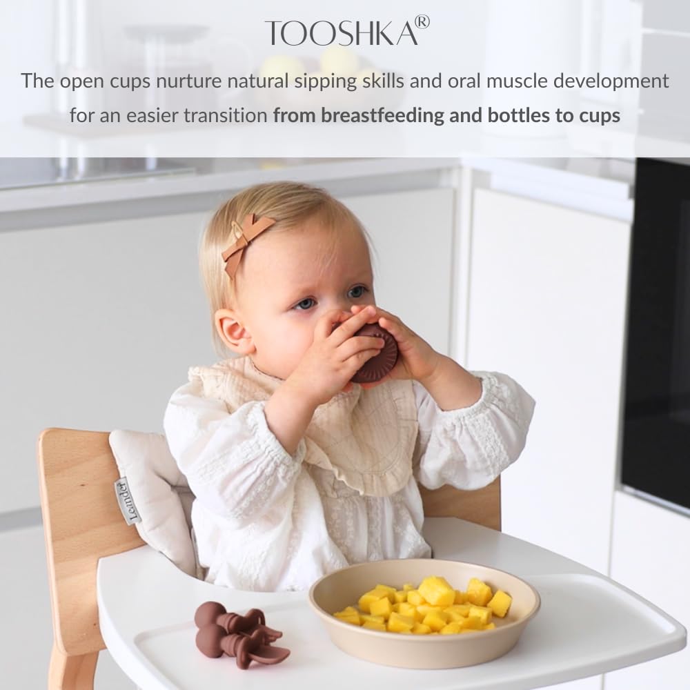 Tooshka - Juego de utensilios para bebés y tazas pequeñas, fácil alimentación para niños pequeños de 6 meses de edad, cubiertos de silicona sin BPA, esencial para destete LED para bebés (rosa sucia)
