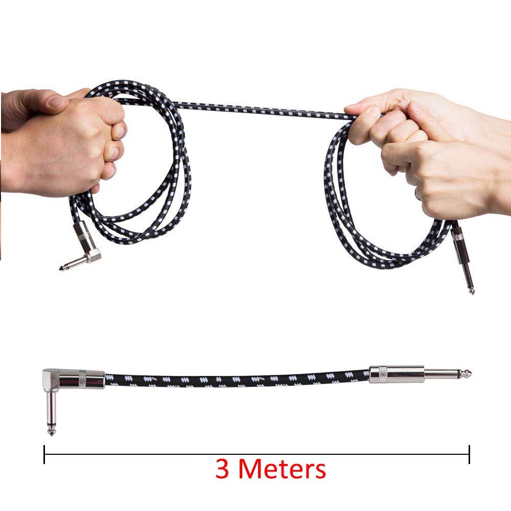 Cable de Instrumento de 3 metros, Cable de la Guitarra, Guitar Cable Audio para Amplificador de Potencia Estéreo/Bajo/ Bajo y Acordes, 1/4 "en ángulo Trenzado Conector Macho Mono TS, Cable Es una Mezcla de Lana Tejida, Muy Duradero (Negro)
