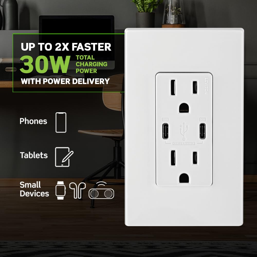 Leviton 005-T5635-00E Combinación Contacto Doble a Prueba de Manipulaciones y Contacto USB tipo C/C, Negro