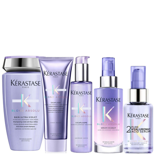 KERASTASE Blond Absolu Kit Profesional para Cabello Rubio | Shampoo Matizador Bain Ultra Violet 250 ml + Acondicionador Cicaflash 200 ml + Termoprotector Cicaplasme 150 ml + Sérum Nocturno Cicanuit 90 ml + Suero Hidratante con Ácido Hialurónico 50 ml | Nu