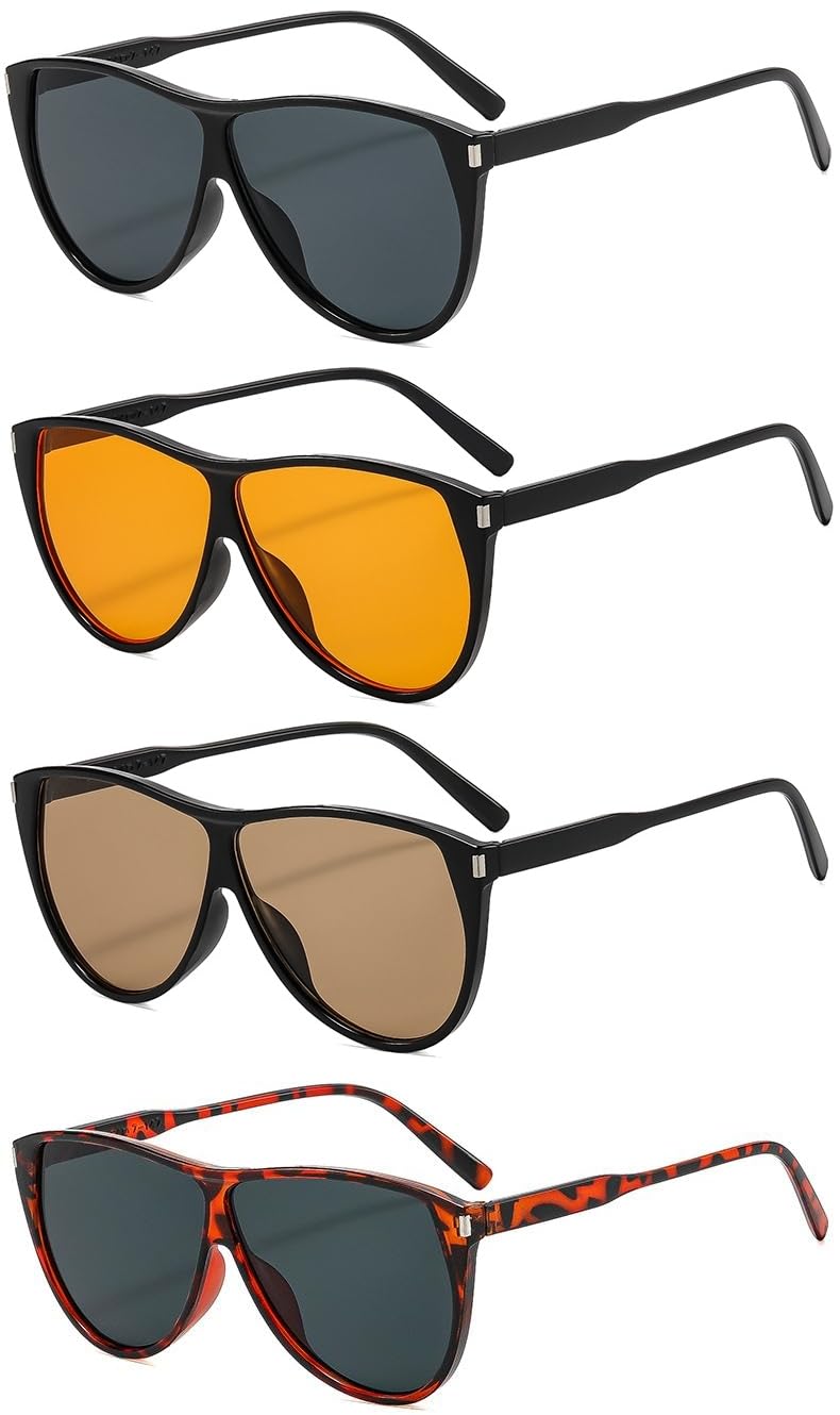 ISIUINN 4 gafas de sol de aviador extragrandes para hombre y mujer, estilo retro de los años 70, montura cuadrada vintage (negro, naranja, marrón claro y gris leopardo).