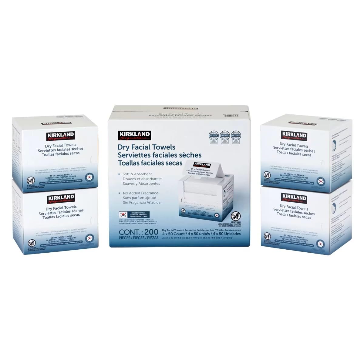 Kirkland Signature Toallas Faciales Secas Desechables Doble Cara, Extra Suaves para Limpieza, Eliminación de Maquillaje y Cuidado de la Piel, Suaves, Higiénicas, Sin Pelusa 200 Toallas.