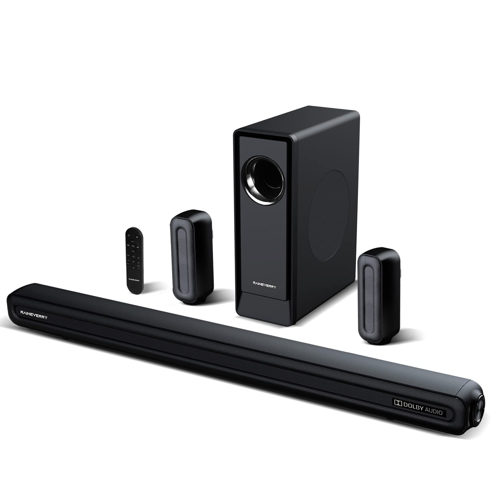 Barra de sonido envolvente de 5.1 CH con audio Dolby, barras de sonido para TV, subwoofer inalámbrico y altavoz trasero, Dolby Digital Plus, Bluetooth 5.0, sistema de sonido envolvente para cine en casa, televisores 4K y HD | HDMI y óptico